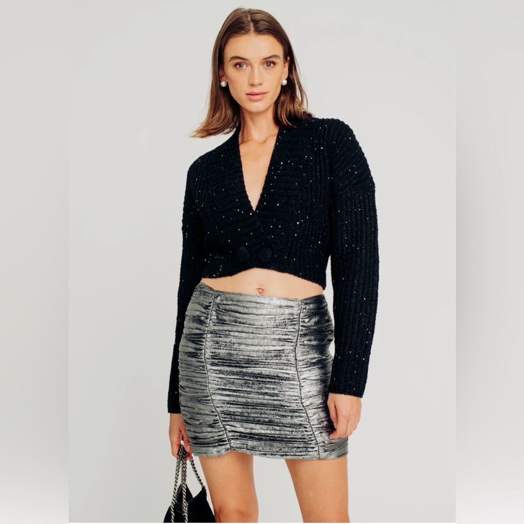 5 For $25 // Torn Ronny Kobo Calypso Cropped Black Knit Cardigan Sequins Large